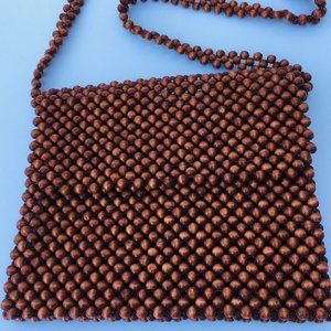 Vintage Hand Made Brown Wood Beaded Evening Shoulder Handbag Long Strap Bag